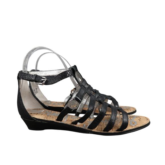 Sam Edelman Shoes Womens 7.5 Sandal Leather Caged Buckle Strappy Low Wedge Donna - Picture 1 of 12
